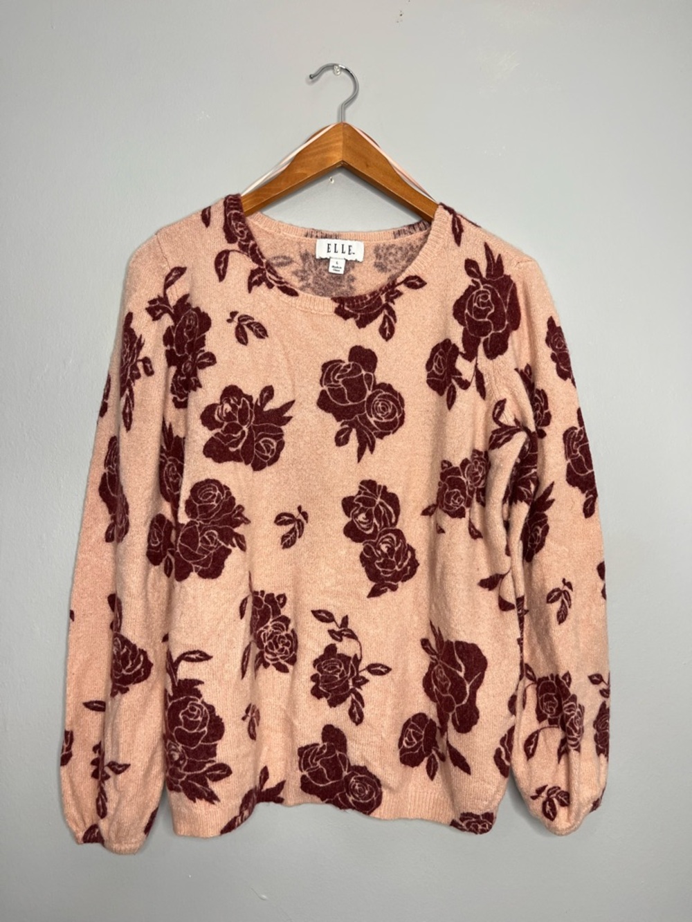 Elle Blush Pink Sweater Burgundy Rose Floral Motif